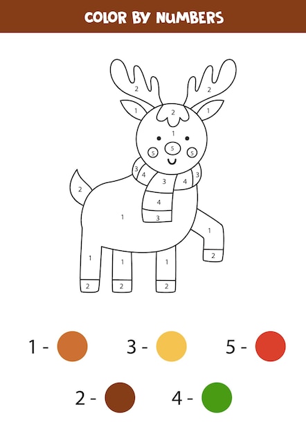 Color cute Christmas reindeer by numbers Worksheet for kids