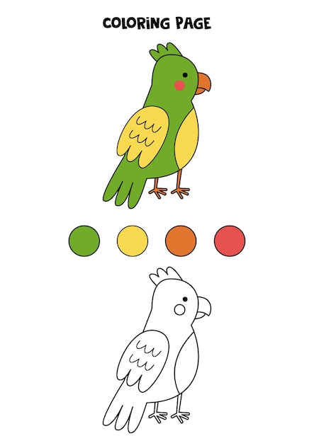 Vector color cute green parrot worksheet for kids