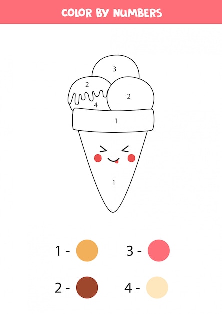 Color cute kawaii ice cream cone by numbers.