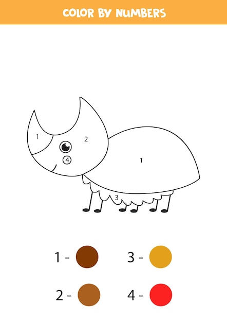 Color cute rhinoceros beetle by numbers. Educational coloring page for preschool kids.