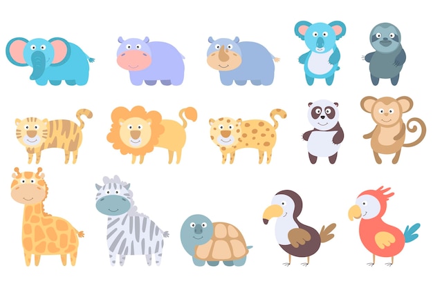 Color cute set wild safari african jungle animals lion giraffe elephant turtle zebra parrot hippo monkey sloth rhino panda tiger panda toucan tropical collection doodle cartoon