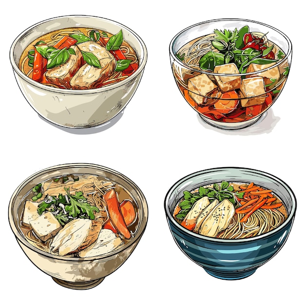 Color engraving raster Illustration set of Cleared chicken broth soup