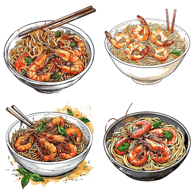 Color engraving raster Illustration set of Noodles with shrimp isolated on white background