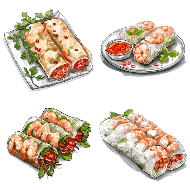 Color engraving raster Illustration set of Shrimps spring roll wrapped isolated on white background