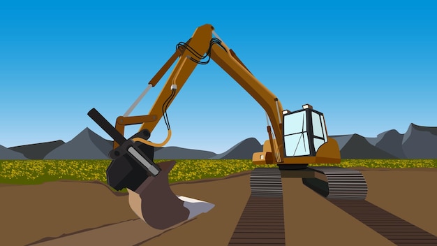 Color excavator on field with flowers and mountains behind with blue sky Excavator bucket on ground and caterpillar tracks