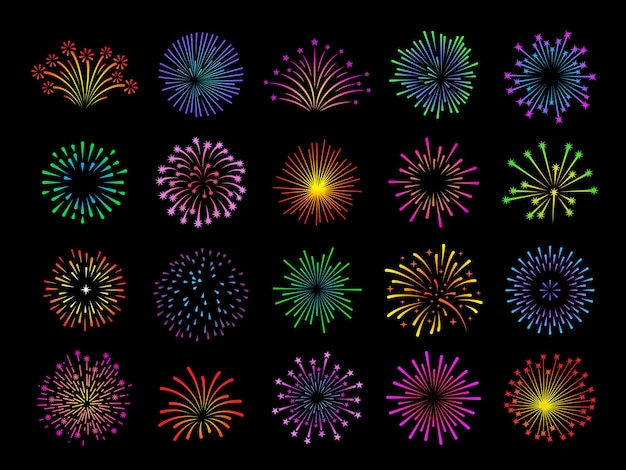 Color fireworks set Graphic firework celebrate season elements Night show winter summer festival icons Color party or carnival tidy vector set