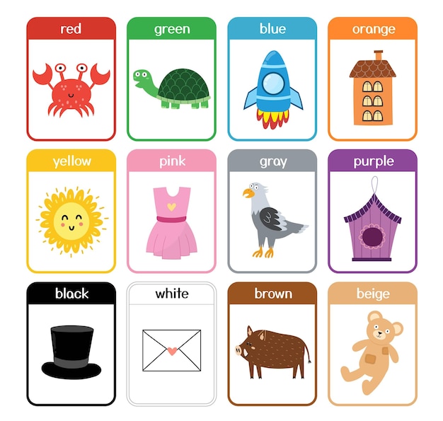 Color flashcards collection with cute animals Color names and pictures set for preschool Preschool