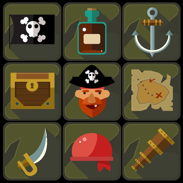 Color Flat Icons Set and Illustrations Pirate