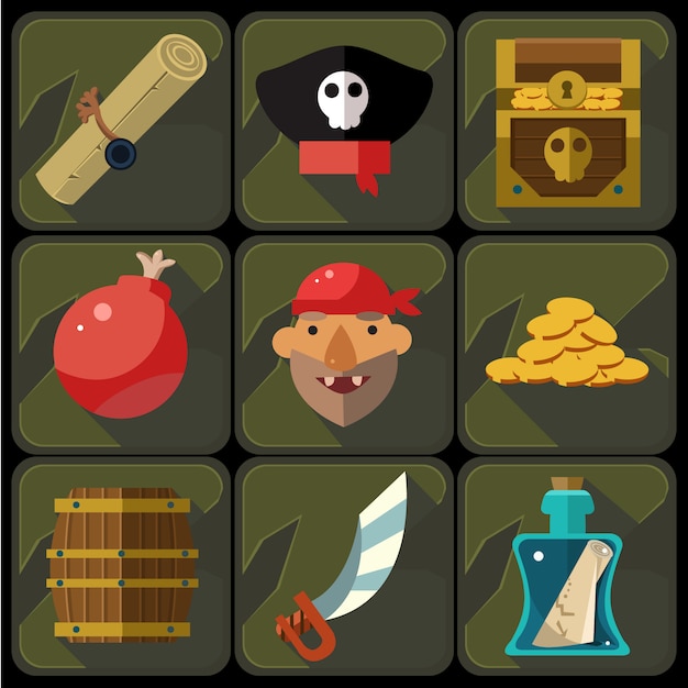  Color Flat Icons Set and Illustrations Pirate