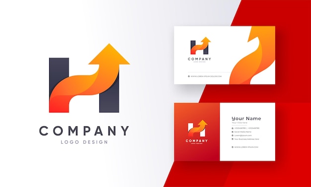 Color gradient style Initial Letter H and Arrow combination Company Logo with Business Card design