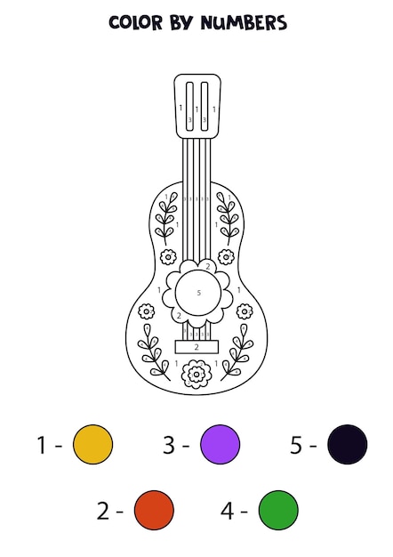 Color guitar by numbers Worksheet for kids