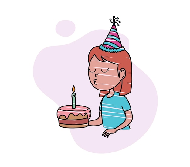 color hand drawing set of little girl blowing out birthday candles.