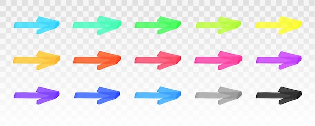 Color highlighter arrows set isolated on transparent background. Red, yellow, pink, green, blue, purple, gray, black marker arrows. Vector hand drawn graphic stylish element.