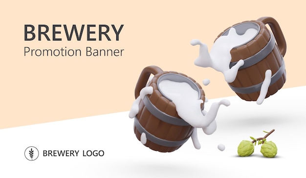 Color horizontal banner with diagonal line Wooden mugs beer is splashed with white foam