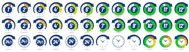 Color hours icon. Timer from 1 to 12 hours. Clock, 24 7 and 24h available   icons set.