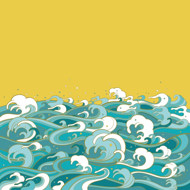 color illustration, depicting sea waves in traditional oriental style