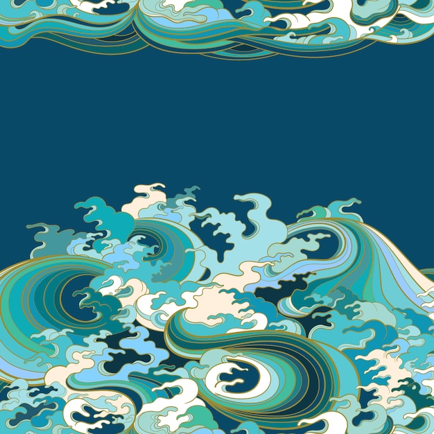 color illustration,  depicting sea waves in traditional oriental style.