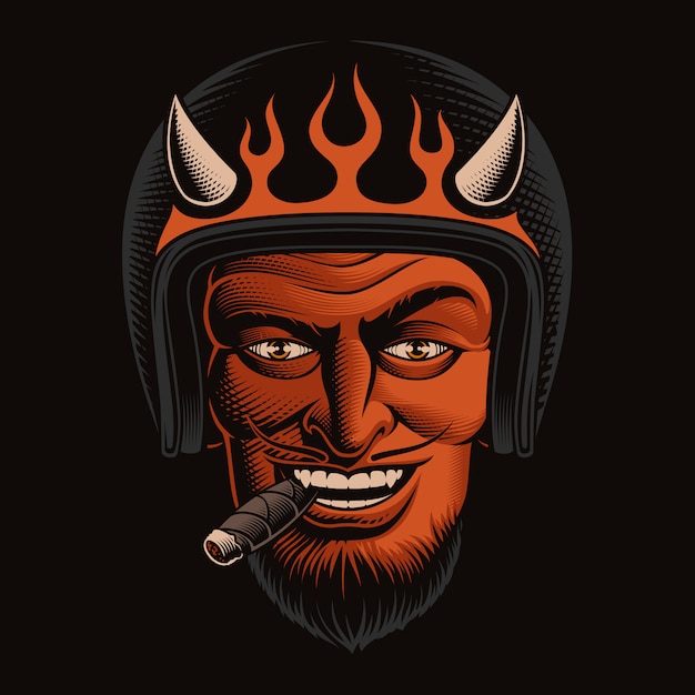  color illustration of a devil biker in helmet on dark background. Ideal for T-shirt design