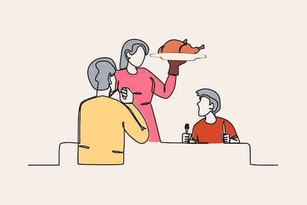 Color illustration of a family celebrating Thanksgiving Thanksgiving oneline drawing