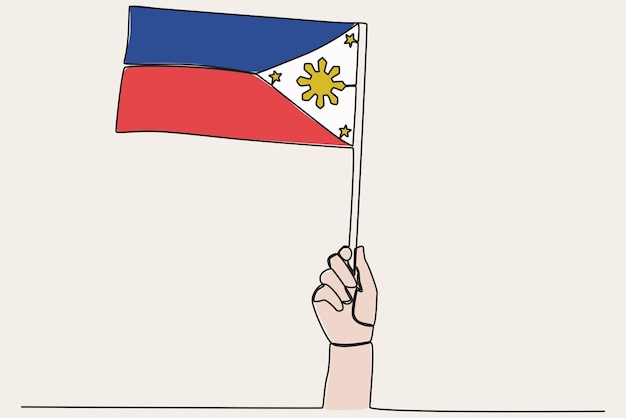 Color illustration of a hand raising the Philippine flag Philippine independence day oneline drawing