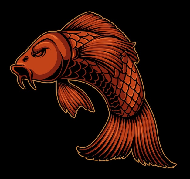 Color illustration of a koi carp on the dark background. Can be used as an element in the design or as a finished illustration.