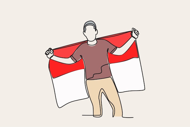 Color illustration of a man holding an Indonesian flag Indonesia independence day oneline drawing