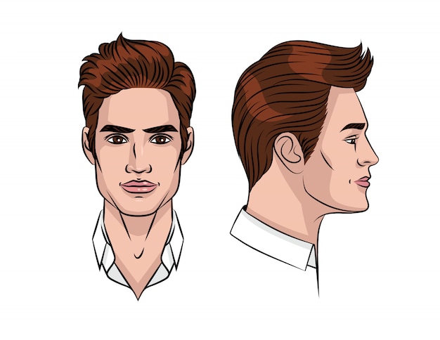 color illustration of a man's face. Cute young man in front and in profile. Avatar of a young stylish guy with hair styling