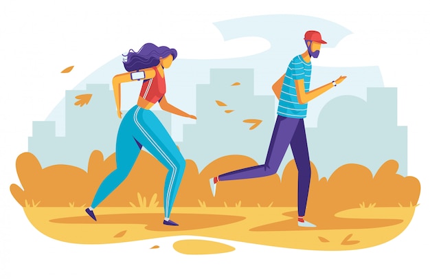 Color  illustration people running in the park. Flat style poster sport activities outdoors. 