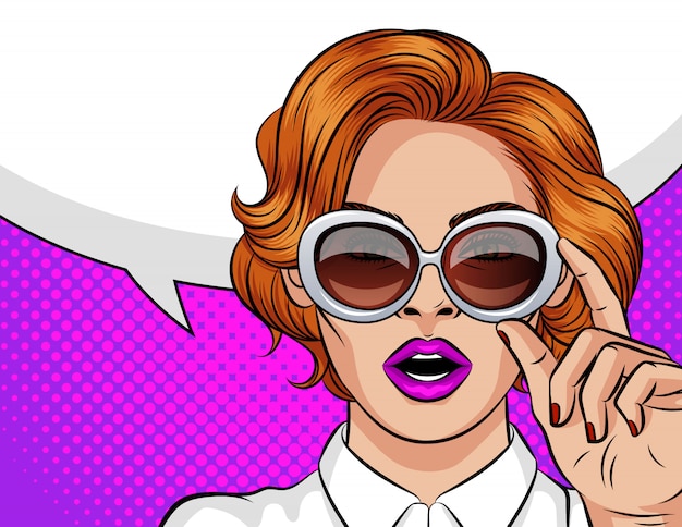 Color  illustration in pop art style. A girl with red hair wearing sun glasses. 