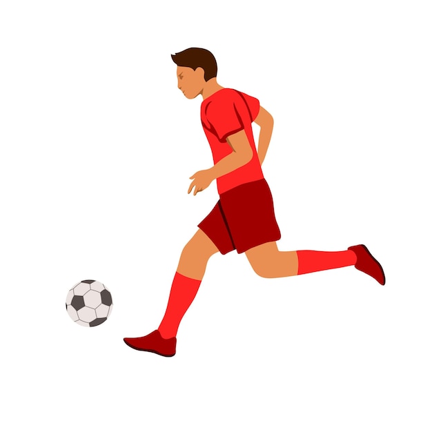 Color illustration of a soccer player with a ball Soccer player in red runs and kicks the ball Sports game Isolated on white background Vector graphics