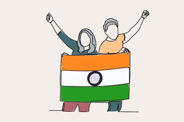 Color illustration of two friends holding Indian flags India independence day oneline drawing