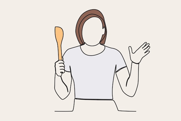 Color illustration of a woman holding a spatula World youth skill day oneline drawing