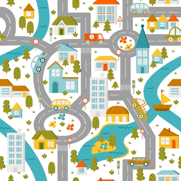 Color map town with roads houses and cars Children's game board Flat vector seamless pattern