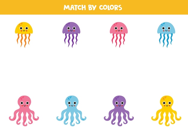 Color matching game for preschool kids Match cute octopuses and jelly fish by colors