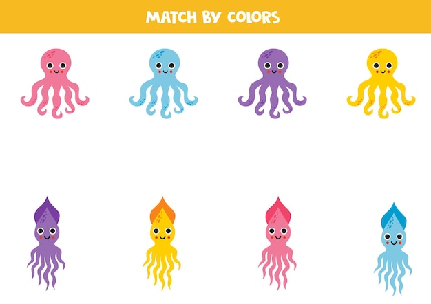 Color matching game for preschool kids Match cute octopuses and squids by colors