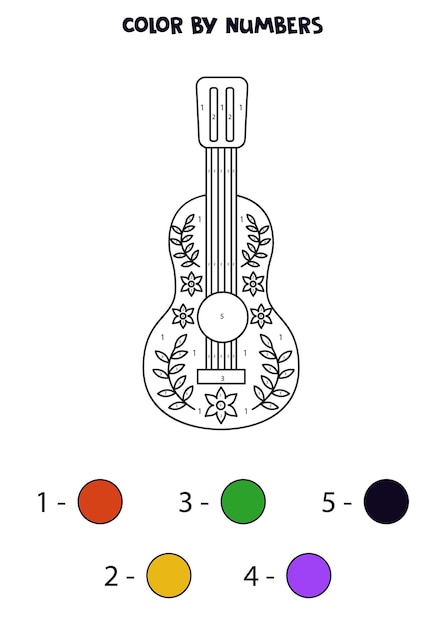 Color Mexican guitar by numbers Worksheet for kids