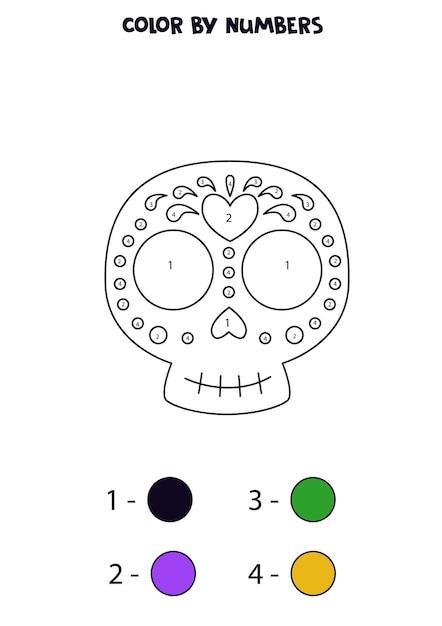 Color Mexican skull by numbers Worksheet for kids