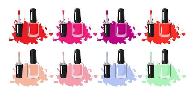 Vector color nail polish in glass bottle open lid and closed and color blot of nail polish