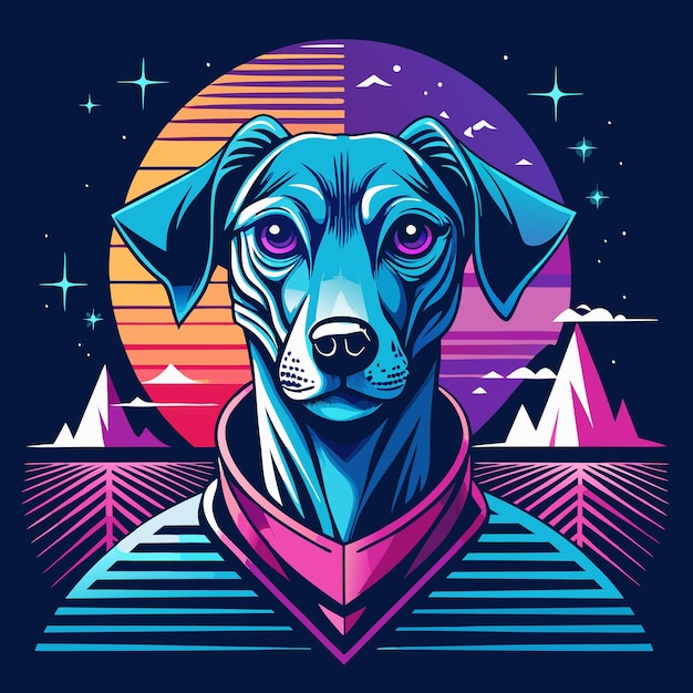 Color neon vector illustration depicting a friendly s retro style dog