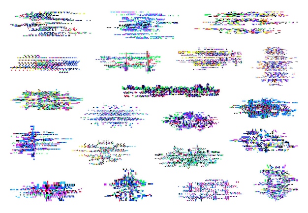 Color noise or screen glitch bug. TV, VHS video data decay and color distortion, vector effects Pixel noise of digital television and computer, broken signal or error bug and monitor display glitch