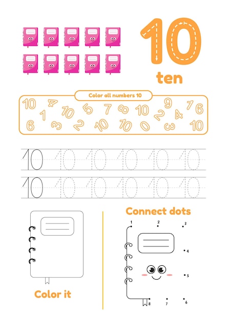 Color page dot to dot trace on one page for kids education Learning number ten