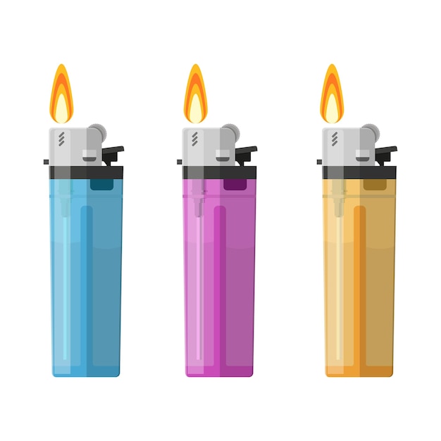 Color Plastic Lighter Set Tool for Habit Smoker. Vector illustration in flat style