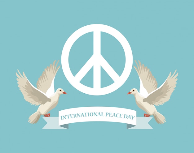 Vector color poster with white peace and love symbol and pair pigeons flying