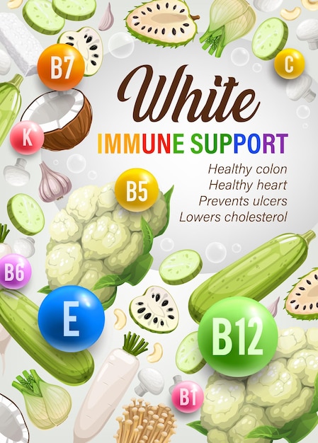 Color rainbow diet white day nutrition and multivitamins Diet for immune support healthy nutrition plan or dieting system with health benefits white vegetables ripe nuts and soy food products