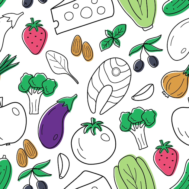 Color seamless pattern in doodle style with food