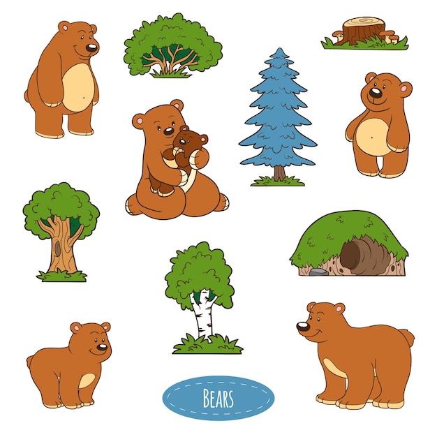 Color set of cute animals and objects, vector stickers, family of bears