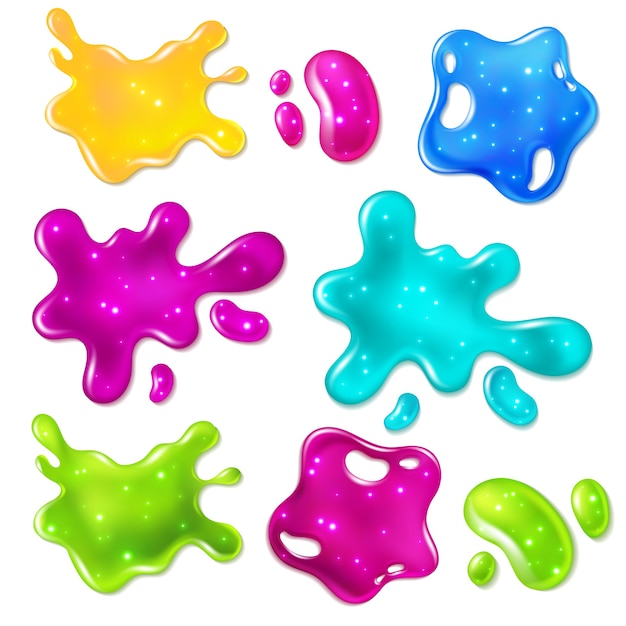 Color slimes. Glossy goo yellow, purple, green and blue slime blots. Girly dripping toys halloween texture bright objects set