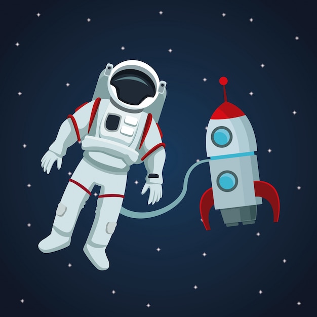 color space landscape background with astronaut and rocket