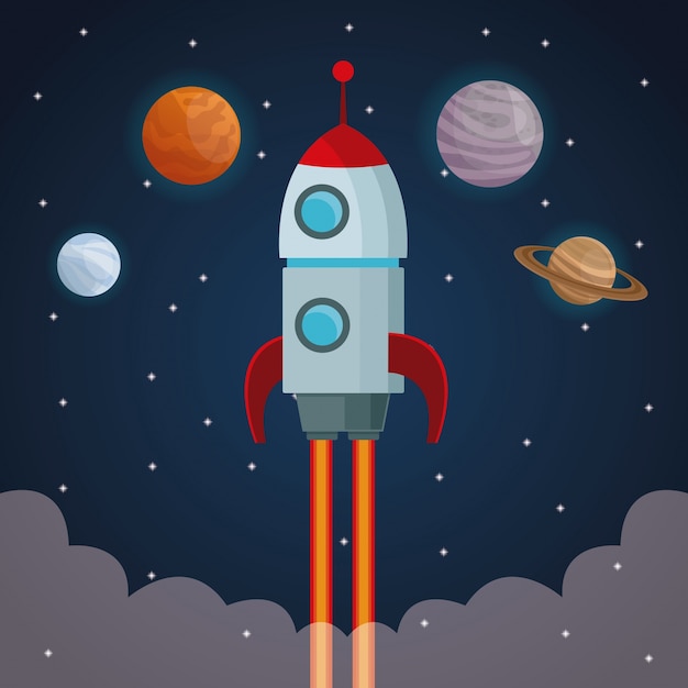 color space landscape background with rocket taking off and view cosmos