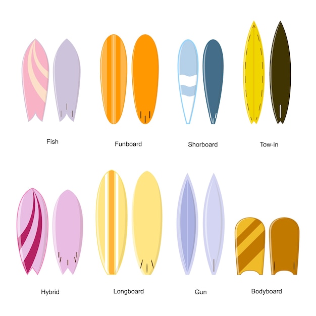 Color Surf Board Set. Different Shape.